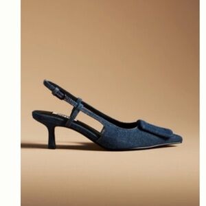 BIBI LOU ROBIN DENIM KITTEN SLINGBACK HEELS. NIB. 39 40 8 1/2